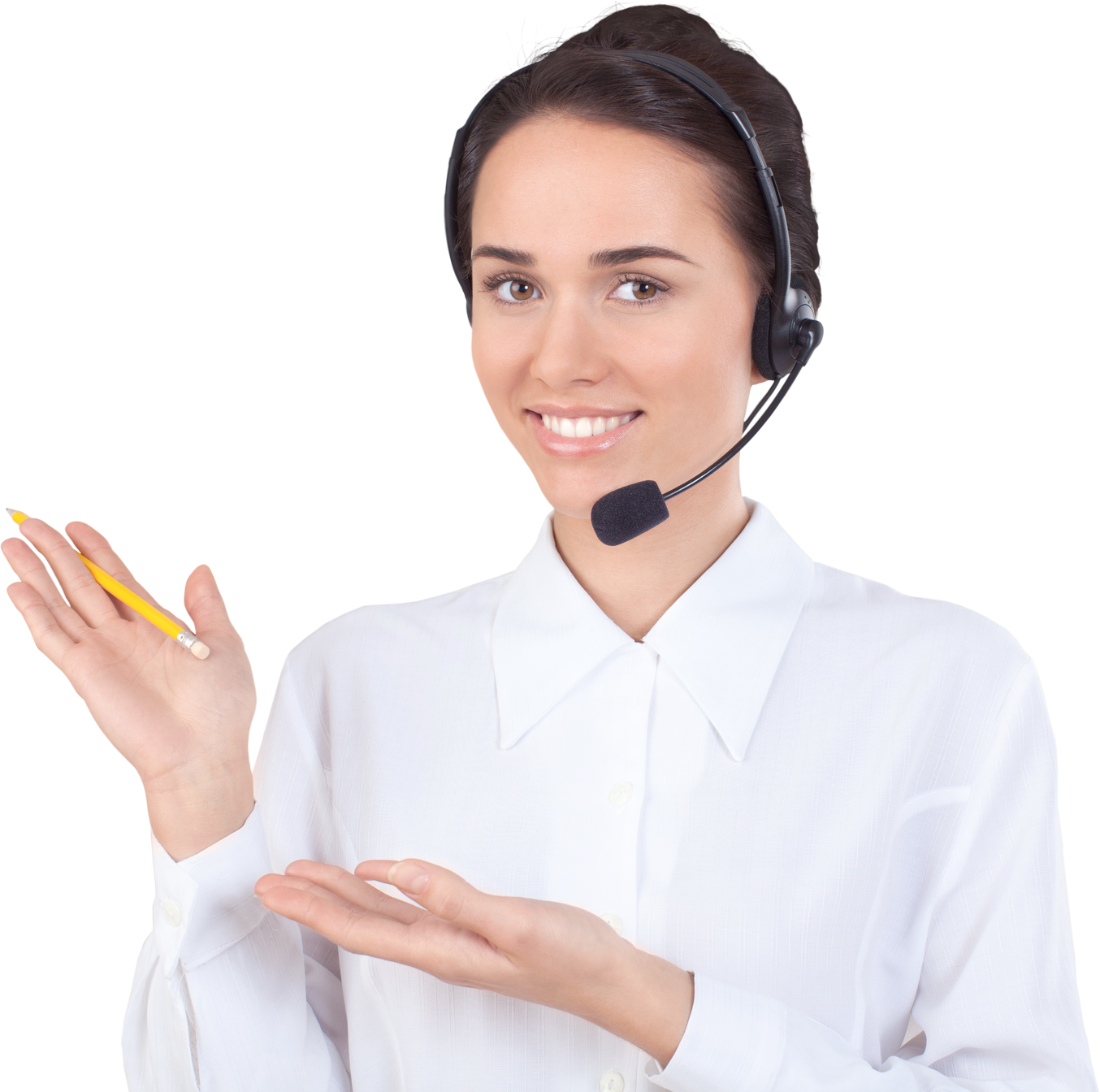 Woman Call Center Employee Talking on Headset - Isolated